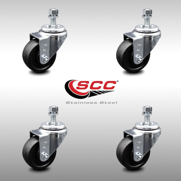 3.5 Inch SS Soft Rubber Wheel Swivel 3/8 Inch Threaded Stem Caster Set SCC